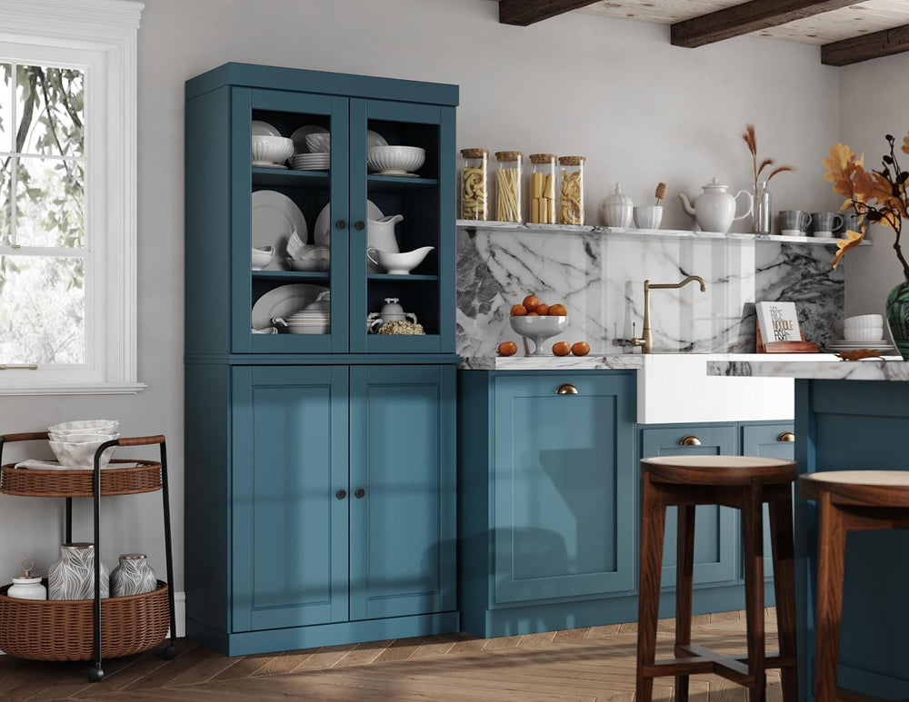 Palace Imports 100% Solid Wood Kitchen Pantry w/ 2 Glass & 2 Wood Doors, ...