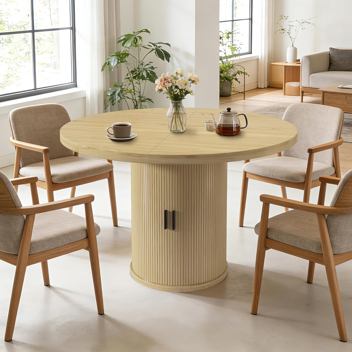 35.5'' Round Pedestal Dining Table, 2-4 Modern Fluted Dining Room Kitchen Table with Storage Shelf, Wood Base Dinner Tables for Kitchen, Breakfast Nook, Small Space, Living Room(Natural)