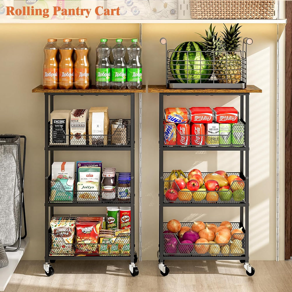 ThreeHio Rolling Kitchen Microwave Cart with Fruit Baskets, 4 Tier Microwave ...