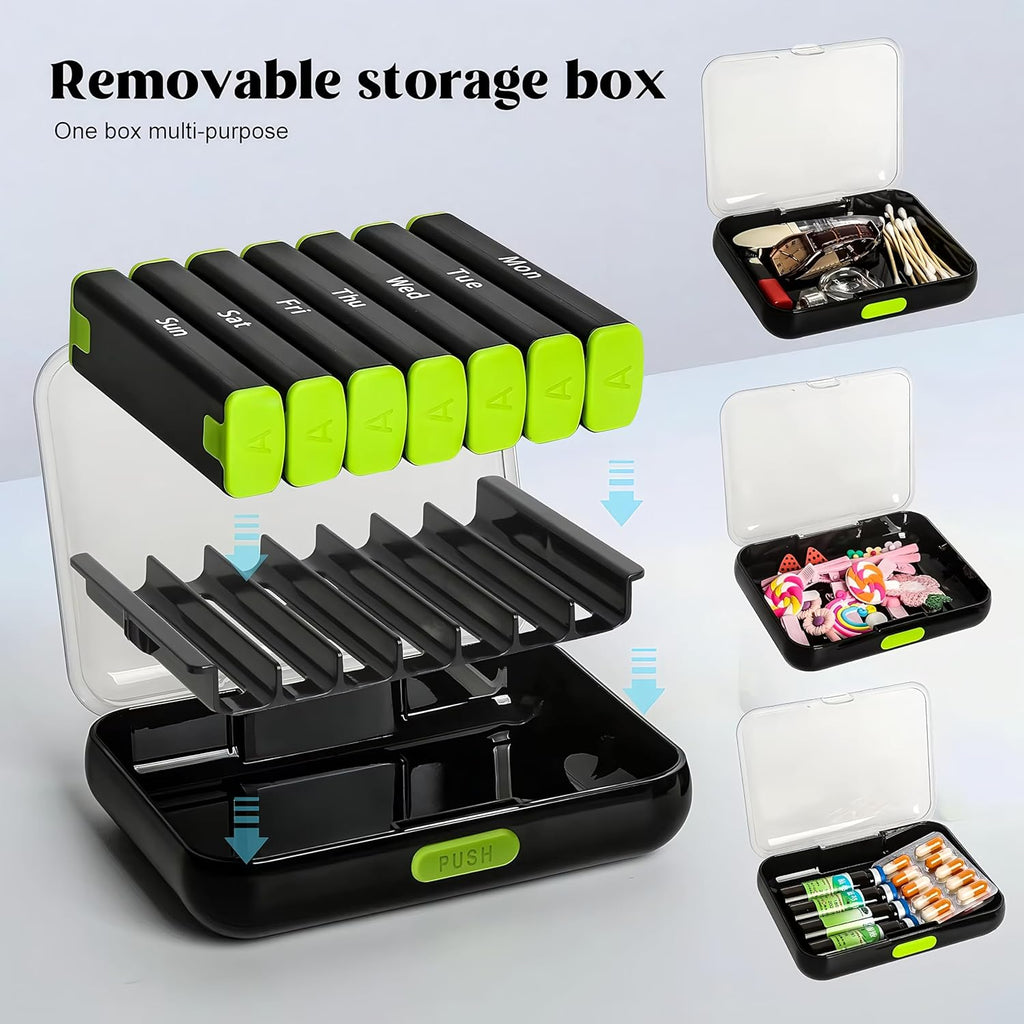 N&S Store 7-Day Pill Organizer, Weekly Medication Storage, Compact, Durable, Portable, Water-Proof, Eco-Friendly, Easy Refill (Black & Rainbow Lid)