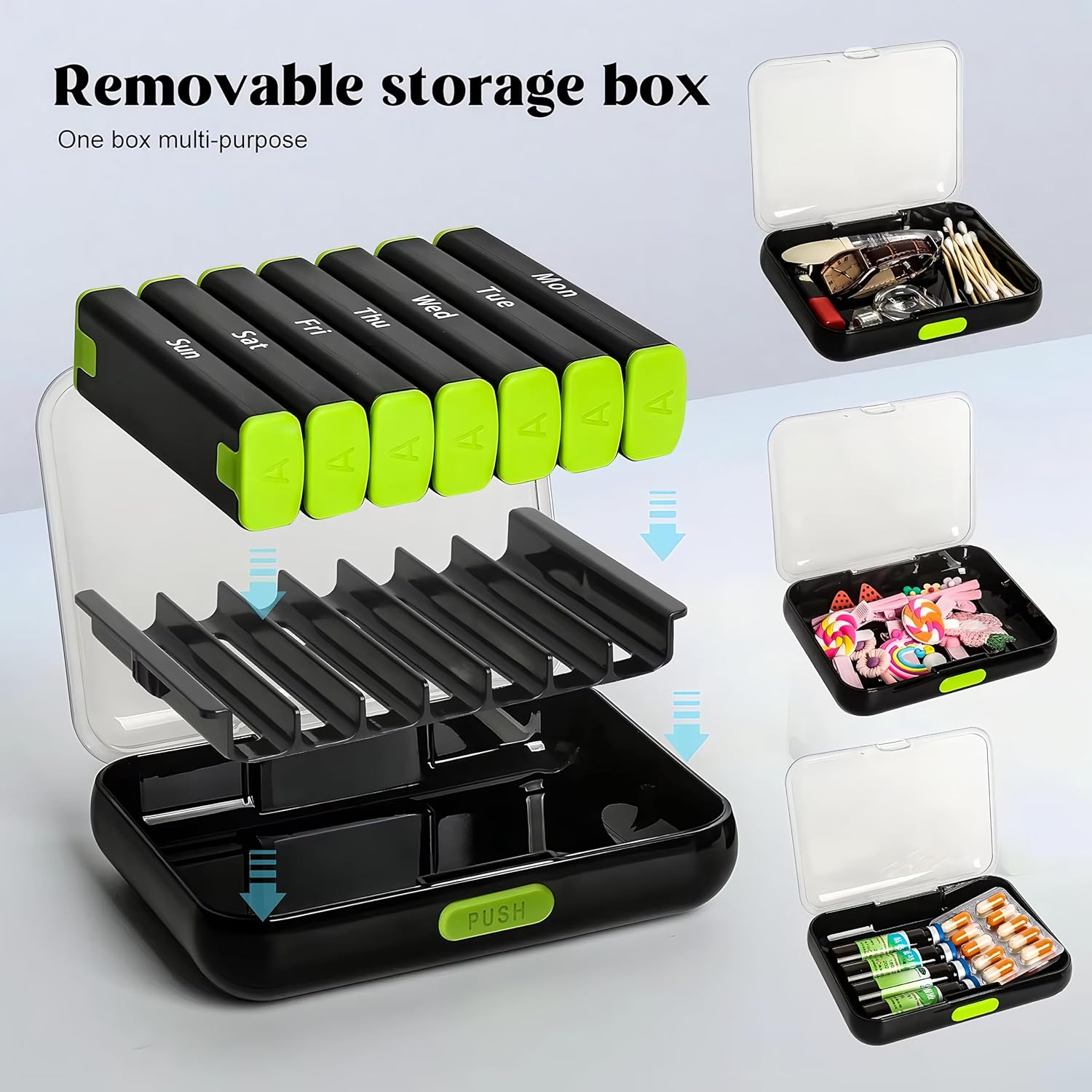 N&S Store 7-Day Pill Organizer, Weekly Medication Storage, Compact, Durable, Portable, Water-Proof, Eco-Friendly, Easy Refill (Black & Rainbow Lid)