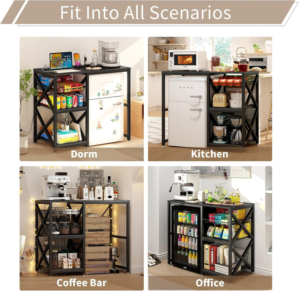METYERRY Kitchen Bakers Rack with Power Outlet,Mini Fridge Cabinet with Mesh Basket, Mini Fridge and Microwave Table with Storage for Office,Kitchen,Living Room,Coffee Bar,Patio, Black