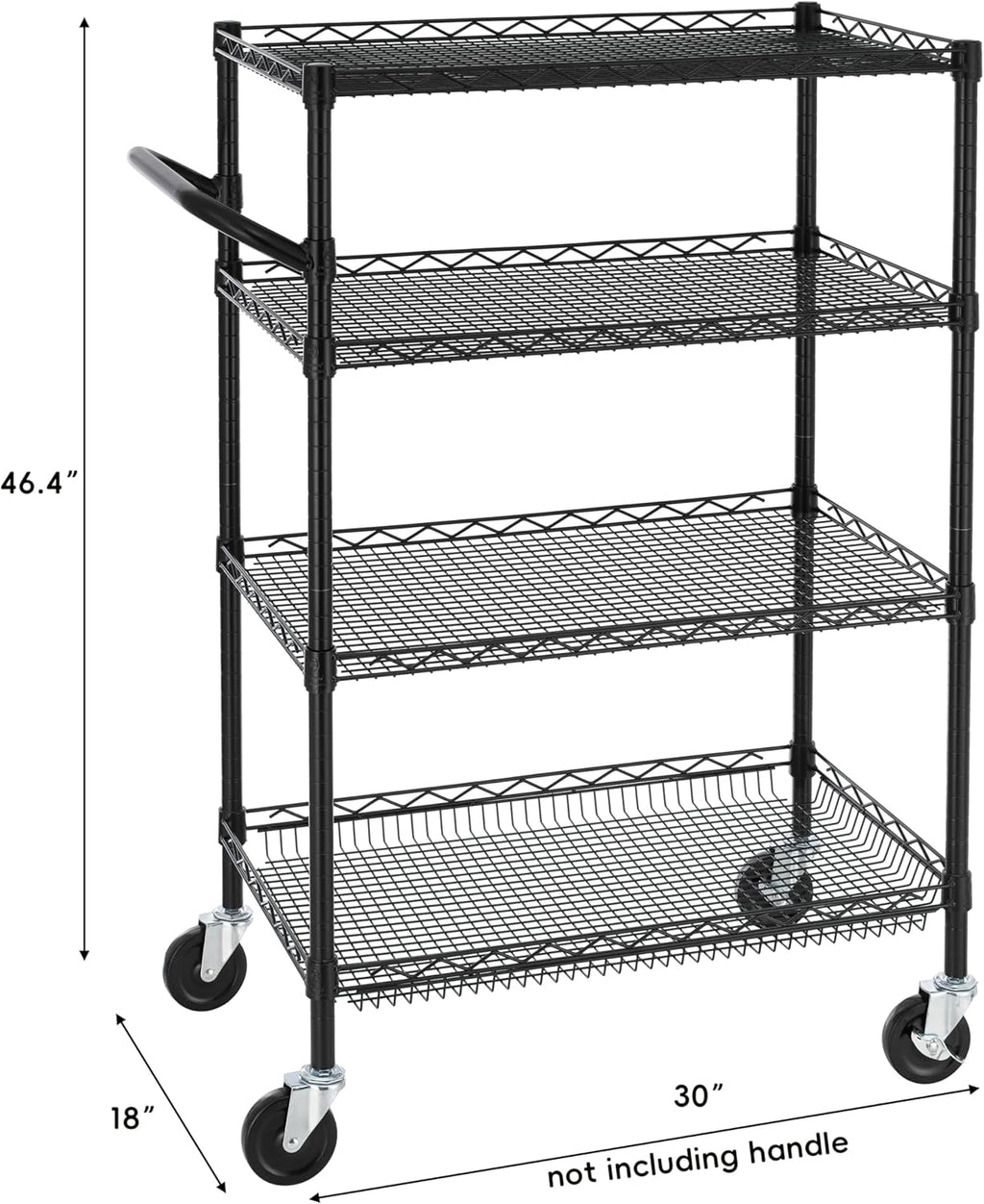 Finnhomy 4 Tier Heavy Duty Commercial Grade Rolling Cart with Handle Bar, Metal Wire Utility Cart with Wheels, Shelf Size 18" D x 30" W, NSF Listed, Black