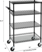 Finnhomy 4 Tier Heavy Duty Commercial Grade Rolling Cart with Handle Bar, Metal Wire Utility Cart with Wheels, Shelf Size 18" D x 30" W, NSF Listed, Black