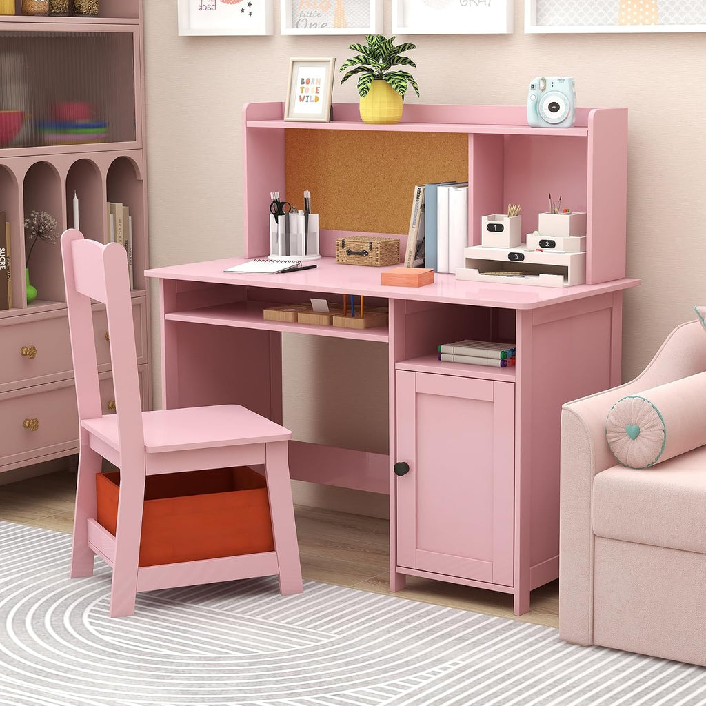 TaoHFE Pink Kids Desk and Chair Set, Kids Desk Chair with Storage and Shelf | Wooden Kids Table and Chairs for Bedroom and Study, Craft Table with Storage Gifts for Girls to Study