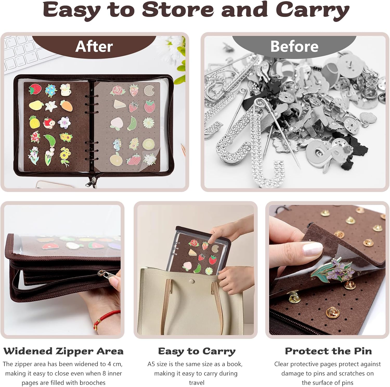Enamel Pin Display Book Pin Collection Binder Holder Trading Book with 8-Page Display Boards A5 Brooch Pin Storage Organizer Binder Album for Travel Collectors (Dark Brown)