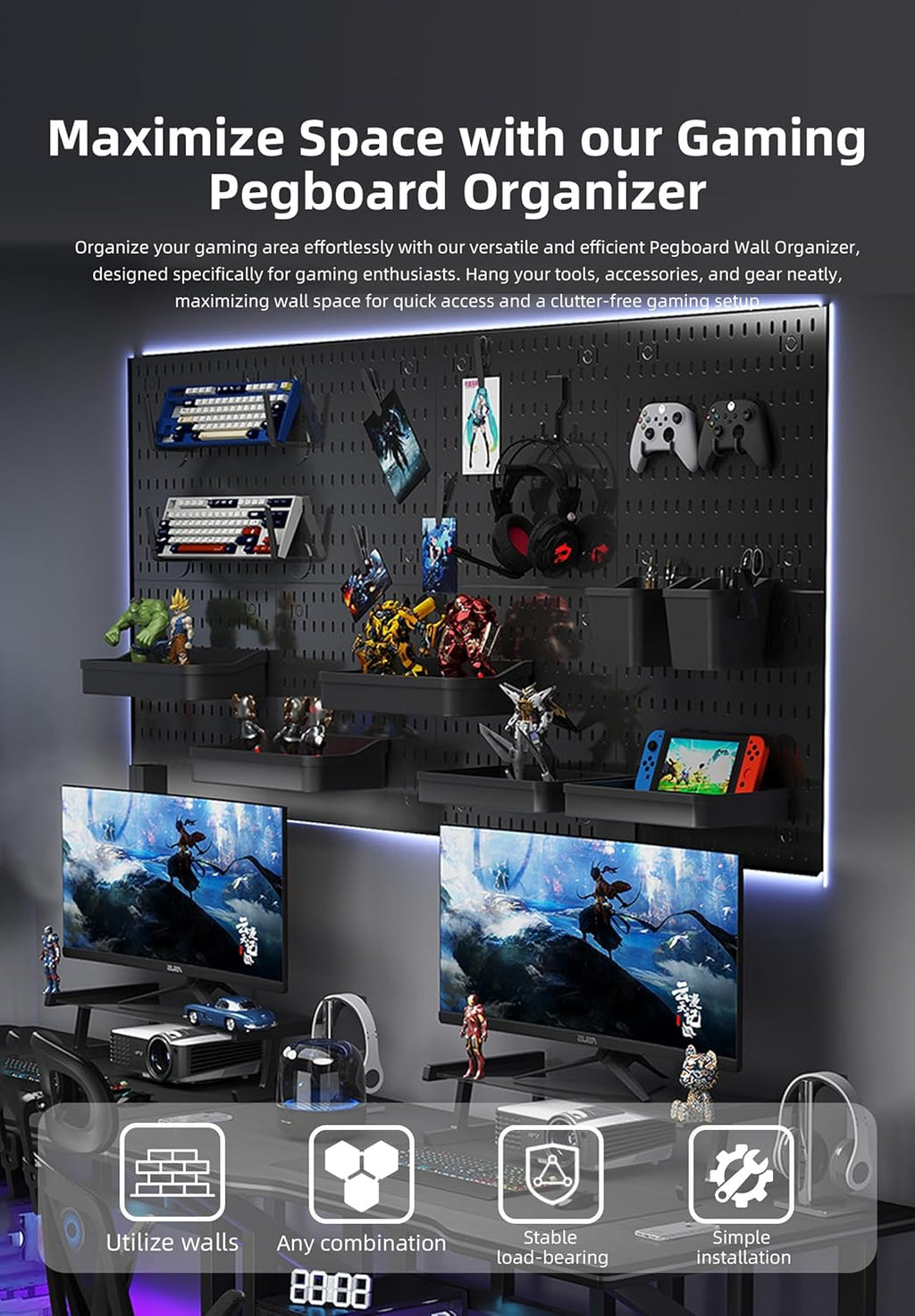Wall Organizer Peg Board - Elevate And Declutter Your Gaming And Office - Create A Perfectly Structured Space(Black)