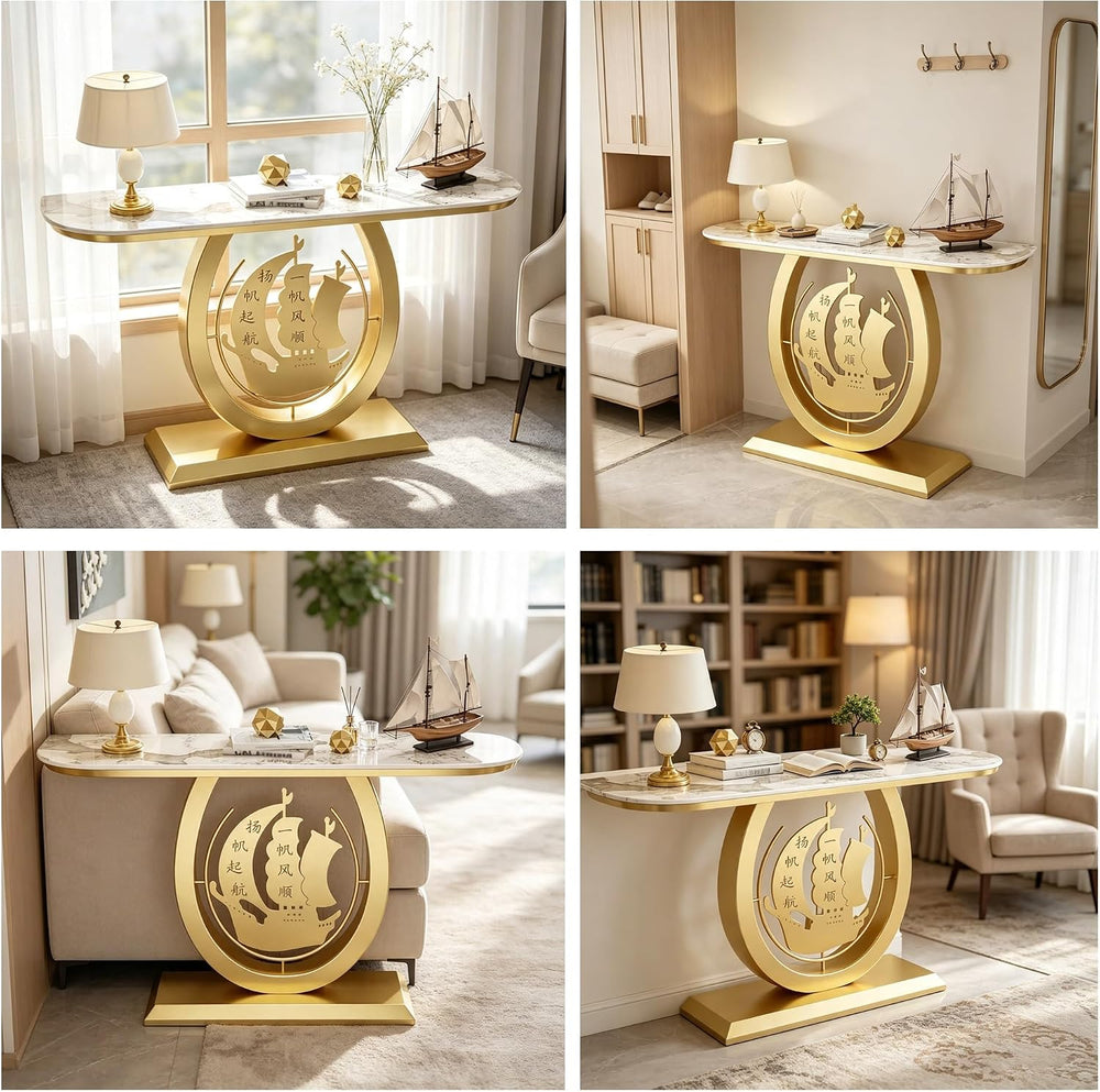 Zfmnoyev Long Accent Stone Top Narrow Console Table | Modern Half-Moon Accent...