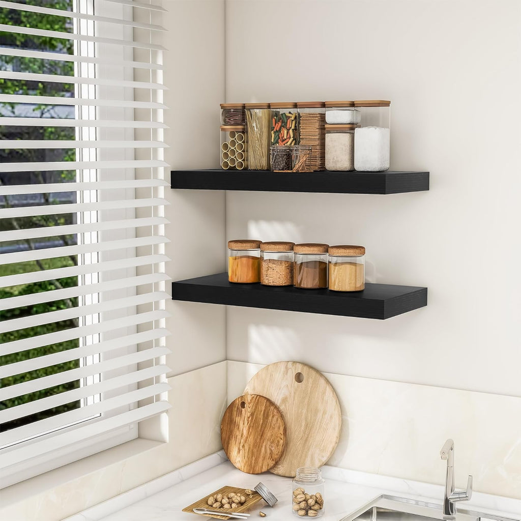 RICHFOCUS 24Inch Floating Shelves for Wall 2 Pack Shelves for Bedroom|Kitchen|Bathroom Wall Mounted Rustic Wood Floating Shelf with Invisible Brackets for Books|Storage|Decor, Black