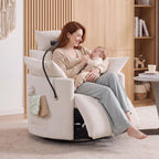 FOXHUNTER 360° Swivel Manual Nursery Rocking Glider Chairs, Chenille White | 30° Rocking Mode, with USB Charging Port and Phone Holder,Adjustable Headrest,2 Cushions, 2 Side Pockets, Footrest