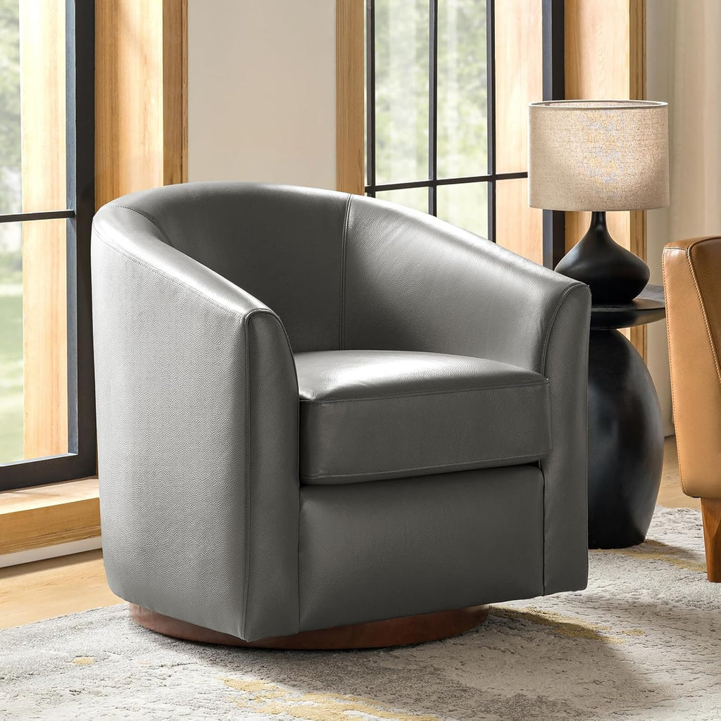 HULALA HOME Genuine Leather Swivel Barrel Chair with Solid Wood Base, Grey | Transitional Round Swivel Accent Chair with Flared Armrests, No Assembly Required, for Living Room Bedroom Reading Relaxation