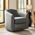 HULALA HOME Genuine Leather Swivel Barrel Chair with Solid Wood Base, Grey | Transitional Round Swivel Accent Chair with Flared Armrests, No Assembly Required, for Living Room Bedroom Reading Relaxation