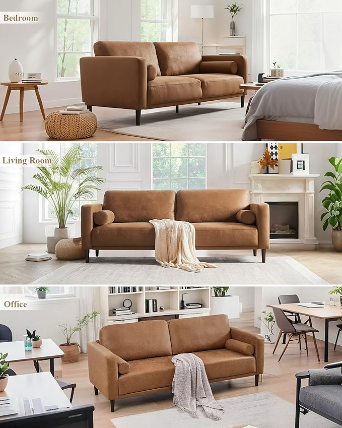 HIFIT 79" Sofa Couches for Living Room Mid-Century Modern Decor Faux Leather Couch with Deep Seat&Cloud Cushions&2 Pillow, 3 Seater Home Sofa Living Room Brown Loveseat for Office, Bedroom, Apartment