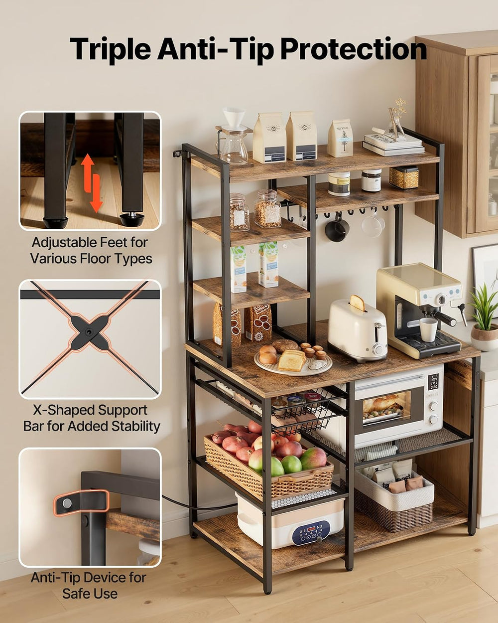 VEVOR Kitchen Bakers Rack with Power Outlets, 35.4x15.7x70.9 Inch Microwave S...