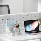 EasyPAG Mesh Desk Organizer with Drawer Multi-Functional Pen Holder Stationery Organizer for Office School Supplies 6 Compartments Dorm Organizers and Storage for Desk, White