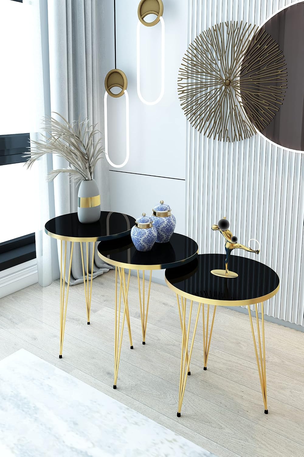 Set of 3 High Gloss Black Gold Legs Nesting End Tables Round Wood Stacking Co...