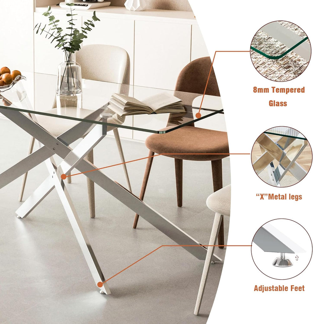 Henf 7 Piece Glass Dining Table Set for 6, 61" Modern Silver Kitchen Tab...