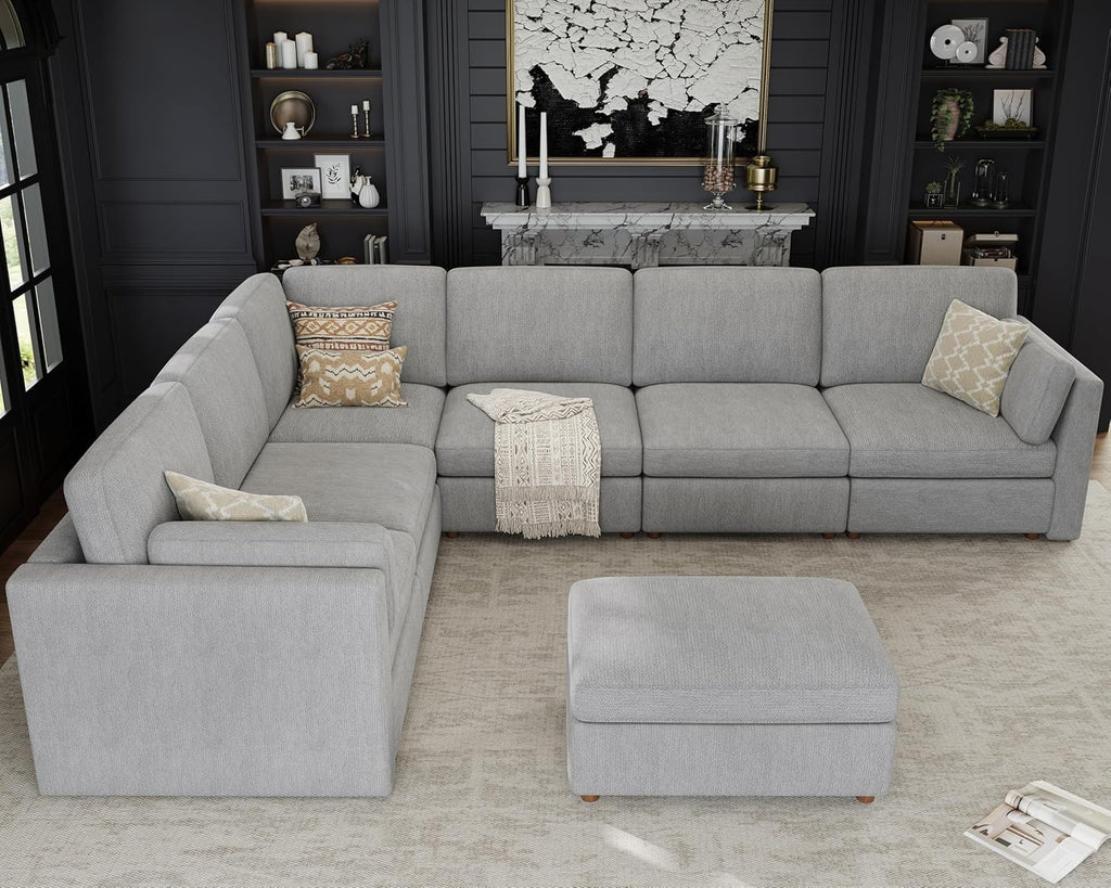 Oversized Modular Sectional Sofa V-Shaped Cloud Couches Gray | 7 Seater Large Deep Seat Couch Luxury Sectional Couches for Living Room, Solid Wood Frame, Removable Washable Cover