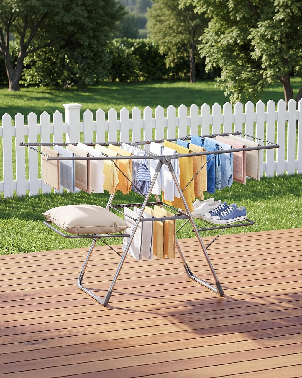 Sakugi Clothes Drying Rack, Foldable 2-Level Laundry Drying Rack with Height-Adjustable Wings, for Clothing & Bedding, Free-Standing Space-Saving Rack, Indoor & Outdoor, 55.5" L × 22.8" W, Gray
