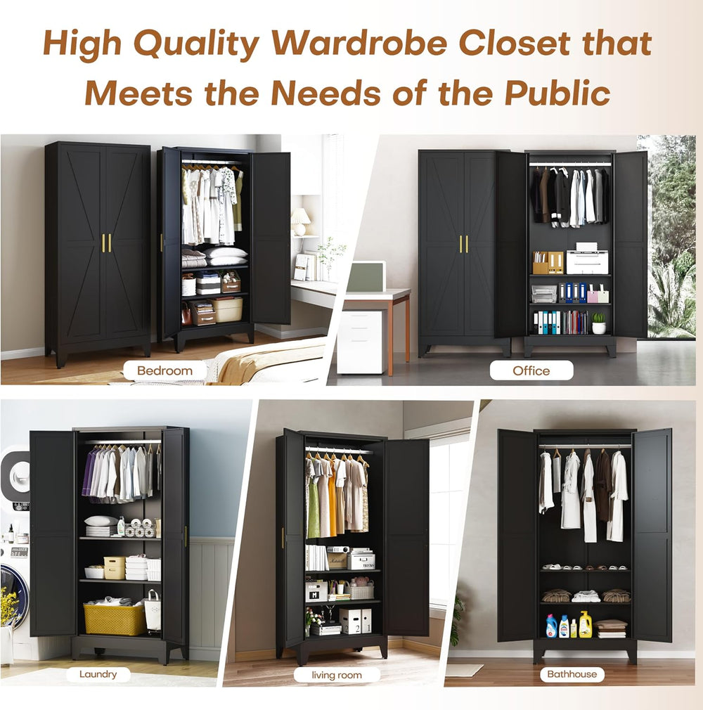 71" Armoire Wardrobe Closet, Metal Wardrobe Closet with Hanging Rod | Wa...
