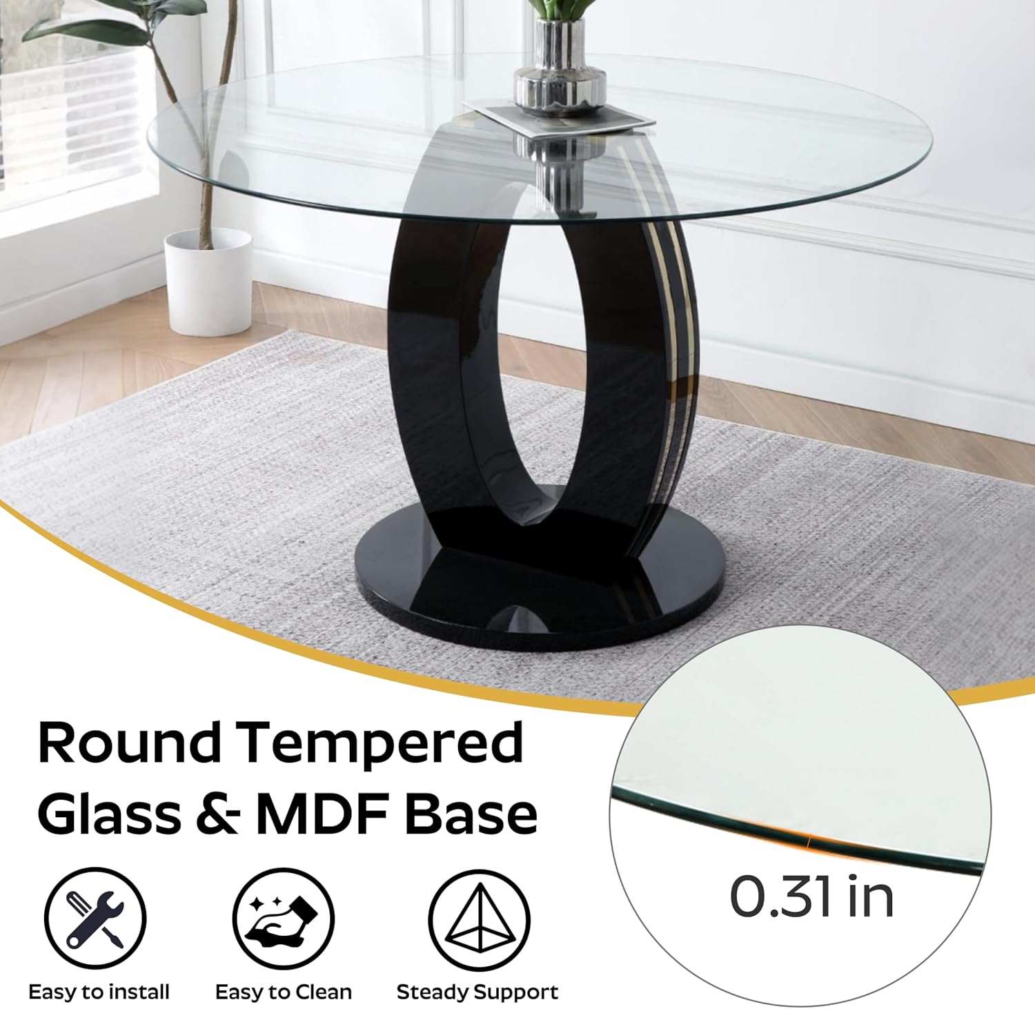 RGZ Modern 39" Clear Glass Round Dining Table Set, 5 PCS Luxury Circle Glass Top Kitchen Table with Gold Decorative Strips & 4 Black High-end Tufted Chairs for Apartment Home Dining(Black Base)