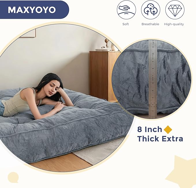 MAXYOYO 8" Futon Mattress Queen Size, Extra Thick Futons Sofa Couch Bed, Velvet Floor Mattress, Shredded Foam Filling (Frame Not Included),Dark Grey