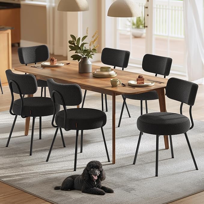 VASAGLE Boucle Dining Chairs Set of 6, Upholstered Kitchen Dining Room Chairs with Curved Backrest and Steel Frame, Modern Mid Century, Round, for Vanity, Living Room, Ink Black UKDC110B16