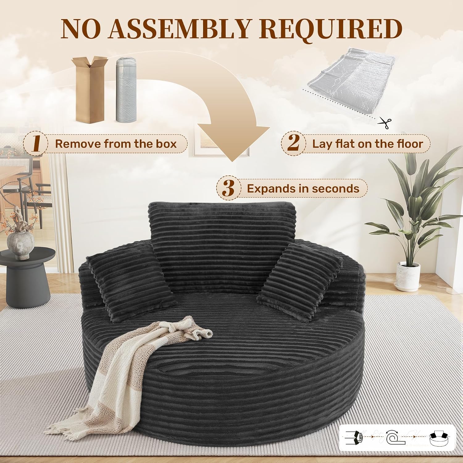 Luxanimarion 55''W 3.5CM Corduroy Single Foam Sofa, Oversized Round Chair with Pillows, Modern Sleeper for Living Rooms, Lounges, Nurseries and Projection Rooms, Wide-Arm Lounge Chair Armchair, Black