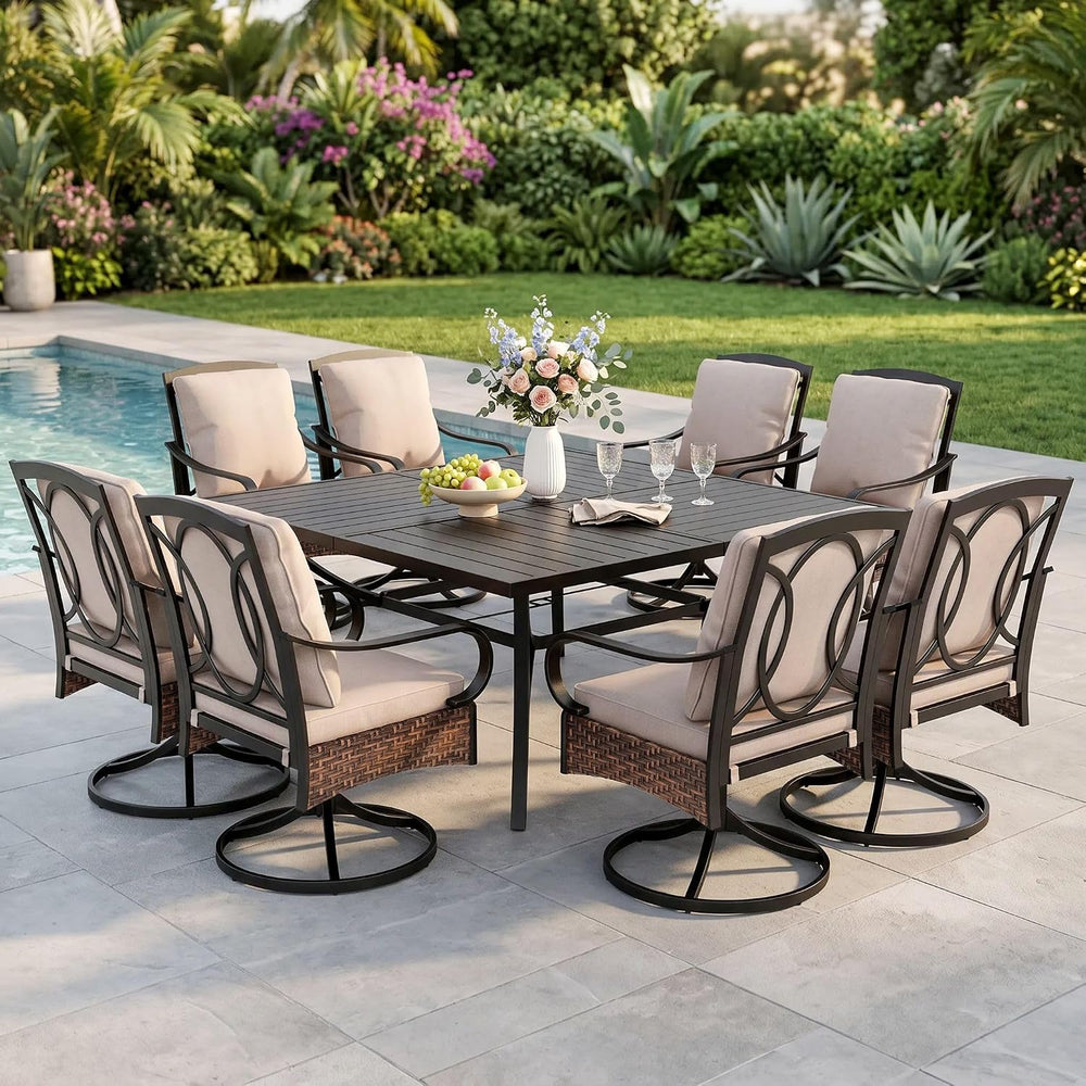 PHI VILLA 9pc Outdoor Dining Set, 57" Square Table, Swivel Wicker Chairs