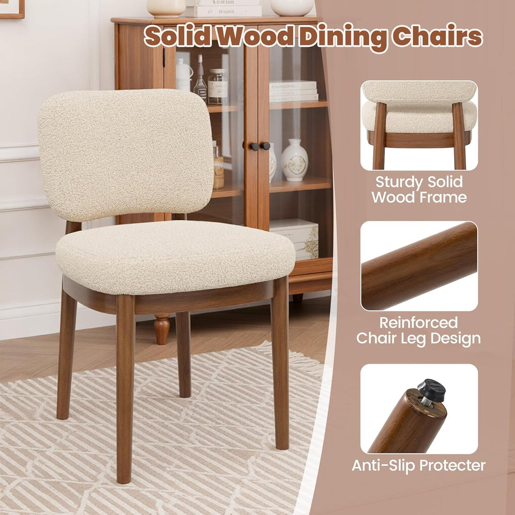 Wooden Dining Chairs Set of 2, Boucle Upholstered Kitchen Chairs with Solid Wood Legs, Mid Century Modern Dining Chairs, Farmhouse Side Chair with Hardwood Frame for Dining Room, Beige