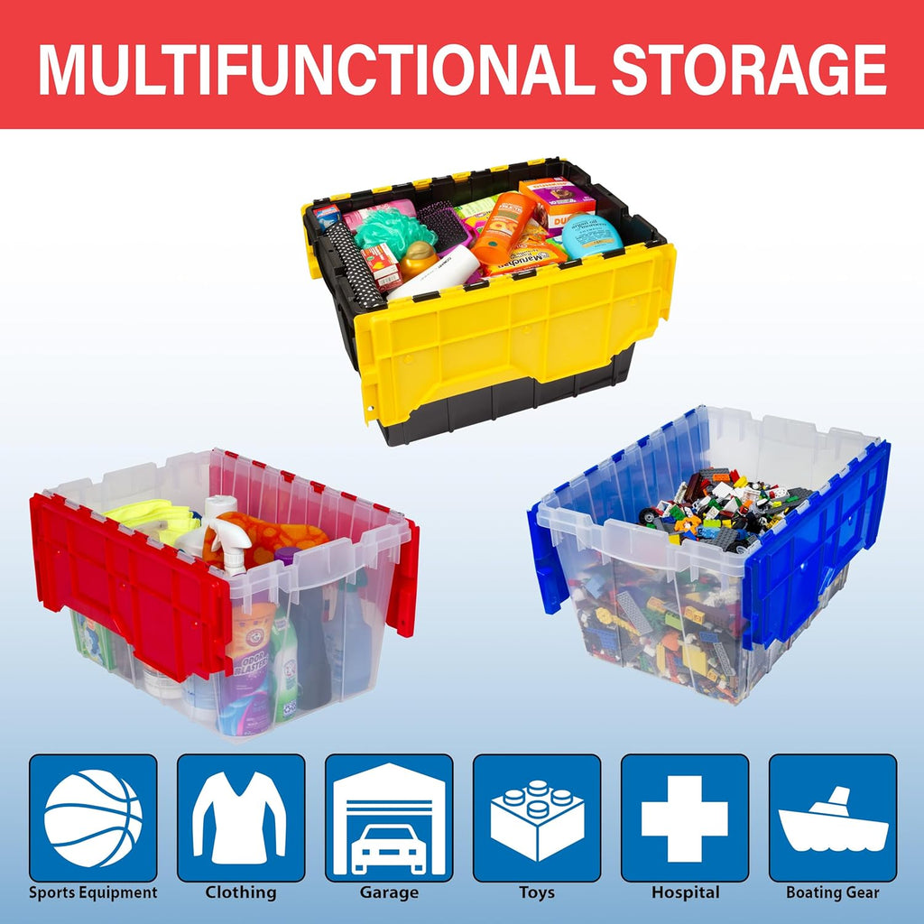 Akro-Mils KeepBox 12 Gallon Storage Container, Nesting and Stackable Plastic Storage Box with Lid Attached, Clear Tote for Garages, Closets, and Moving, 21-1/2" x 15" x 12-1/2", Clear/Blue
