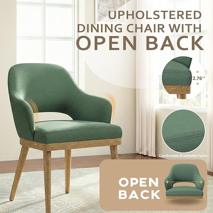 Wooden Dining Chairs Set of 2, Modern Fabric Upholstered Dining Room Chair, Kitchen Side Chairs, Farmhouse Dinner Chair with Open Back for Kitchen, Green