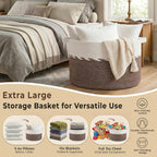 OIAHOMY 90L Extra Large Blanket Basket - Decorative Cotton Rope Storage Basket for Bedroom, Living Room & Nursery - Woven Laundry Hamper for Organizing Blankets, Clothes & Toys - Brown & White