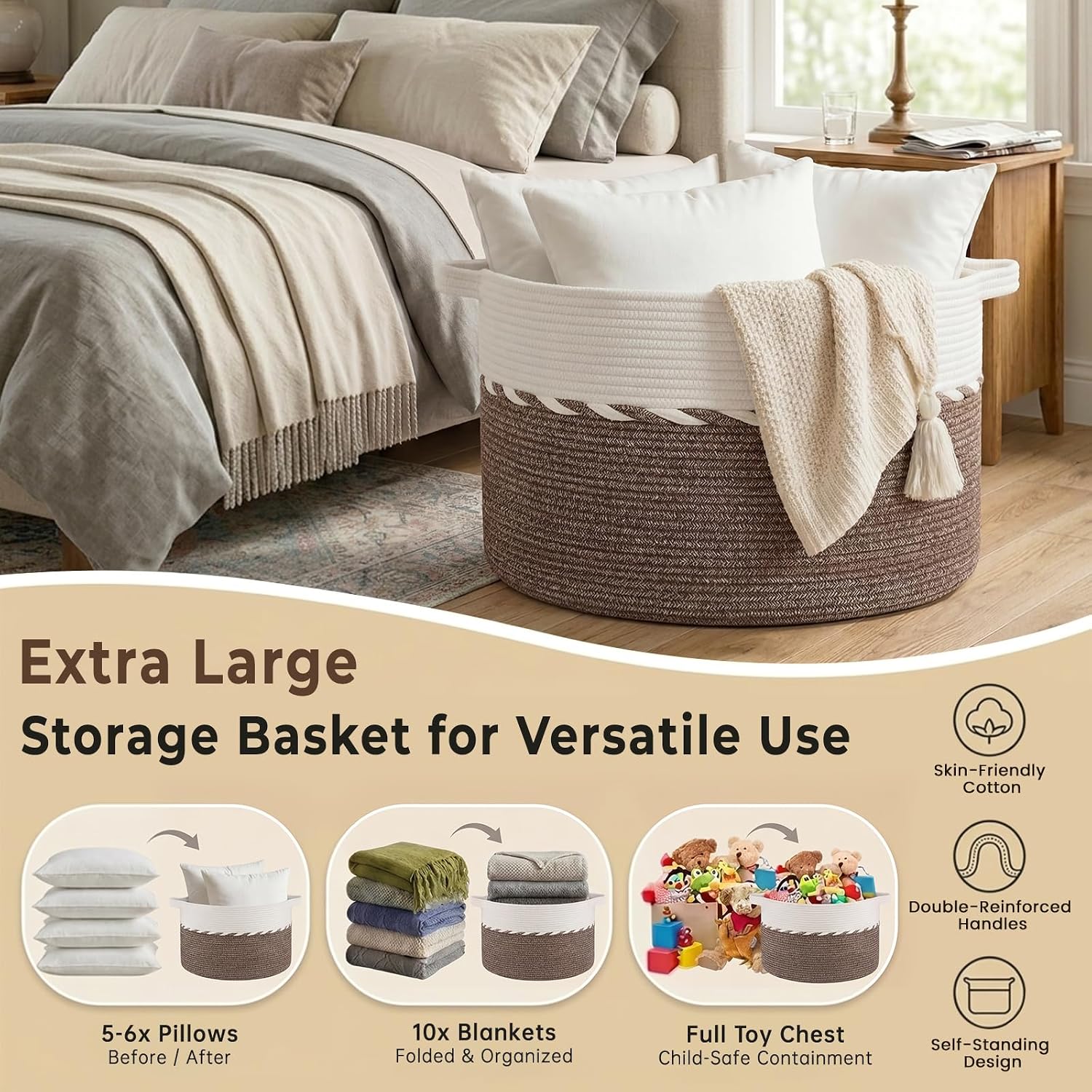 OIAHOMY 90L Extra Large Blanket Basket - Decorative Cotton Rope Storage Basket for Bedroom, Living Room & Nursery - Woven Laundry Hamper for Organizing Blankets, Clothes & Toys - Brown & White