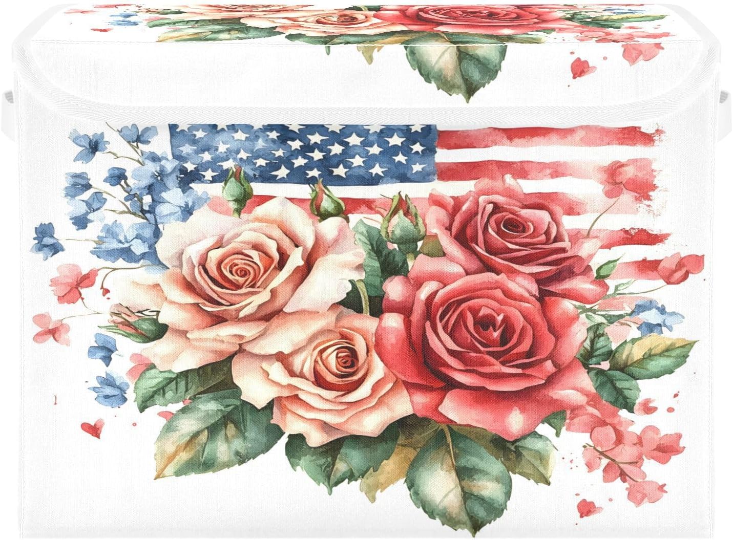 senya July Fourth Baskets Collapsible Storage Bins with Lids, Roses Gypsophila Flag Storage Boxes Clothes Baskets for Organizing