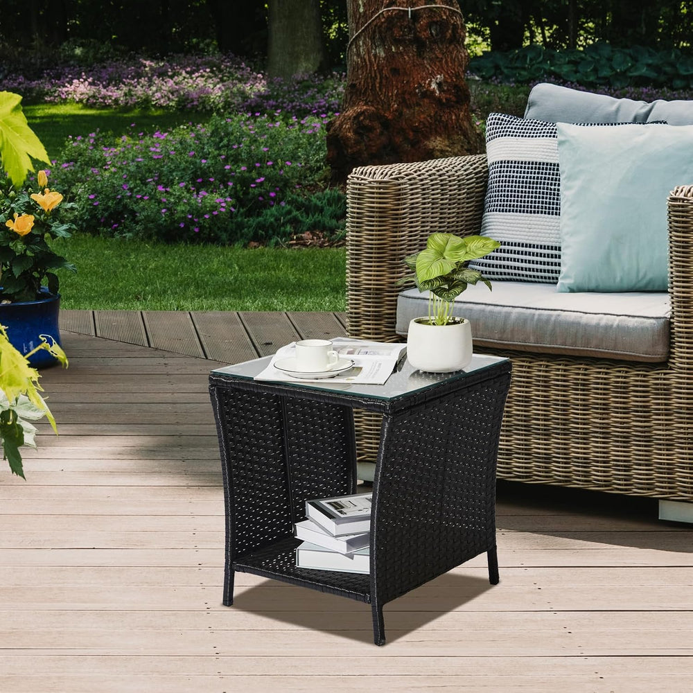 VINGLI Outdoor Wicker Side Table Patio Side Tables for Outside, Tempered Glas...