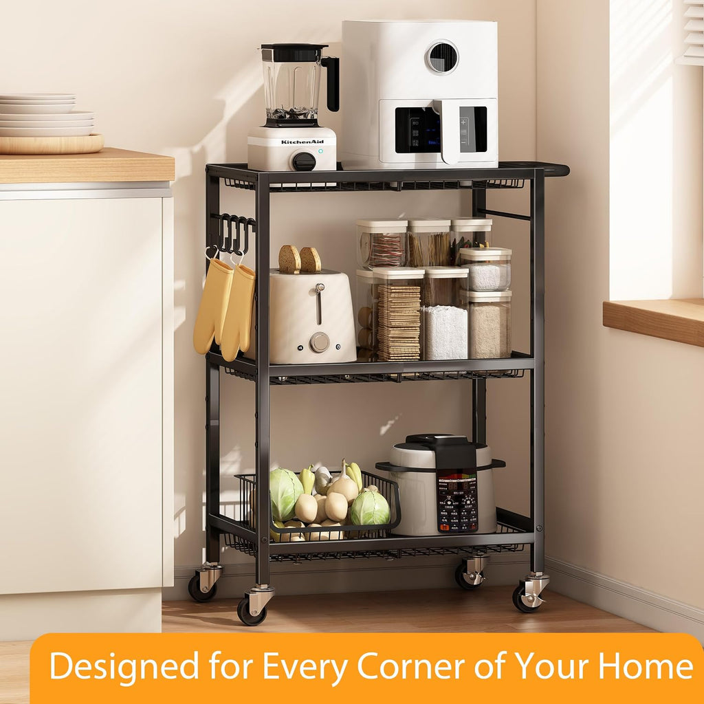 3-Tier Rolling Cart, Space-Saving Kitchen Cart with 150Lbs Capacity, Black Storage Cart with 2 Lockable Wheels for Kitchen Island, Restaurant, Garage, Backyard（No Wooden Boards, Lightweight Version）