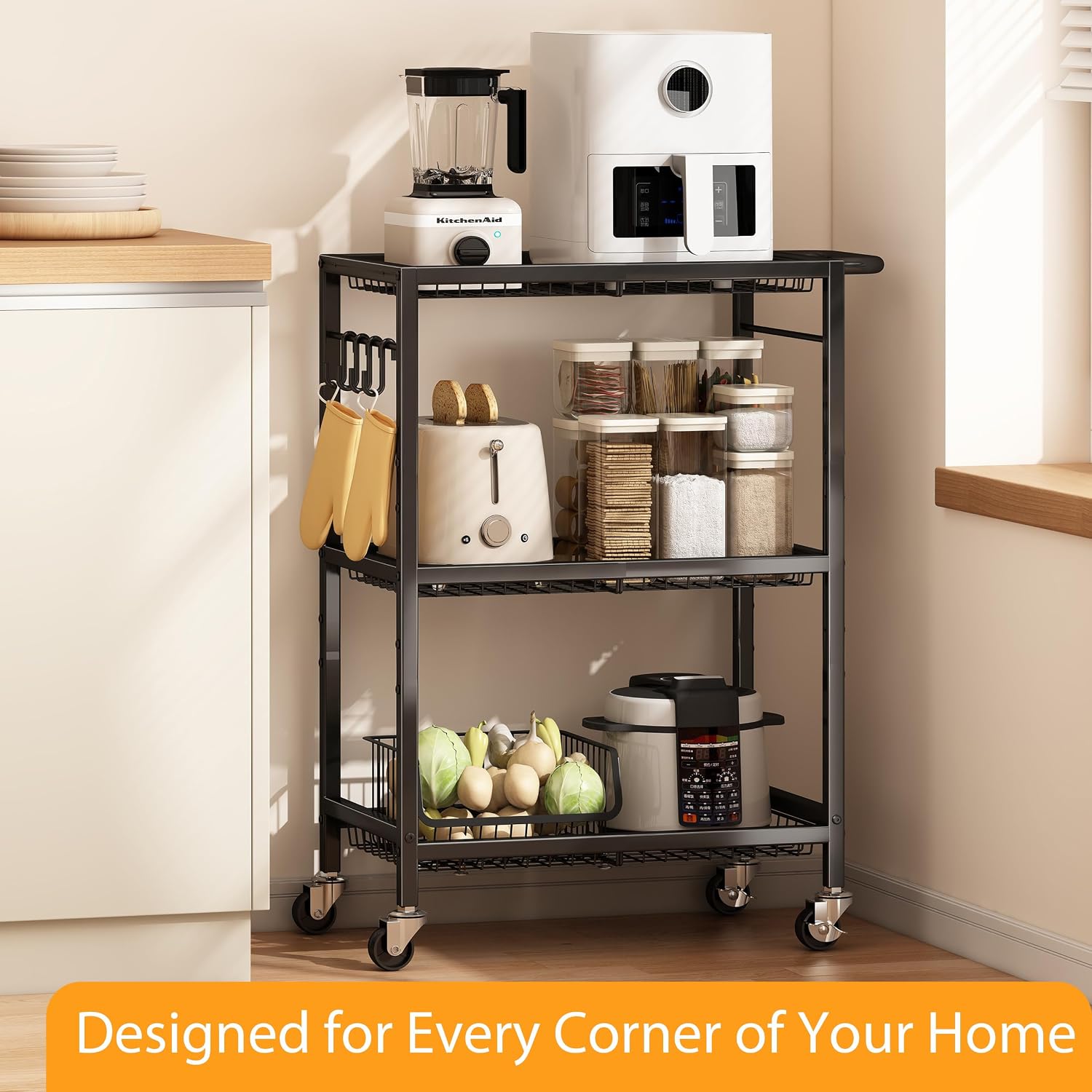 3-Tier Rolling Cart, Space-Saving Kitchen Cart with 150Lbs Capacity, Black Storage Cart with 2 Lockable Wheels for Kitchen Island, Restaurant, Garage, Backyard（No Wooden Boards, Lightweight Version）