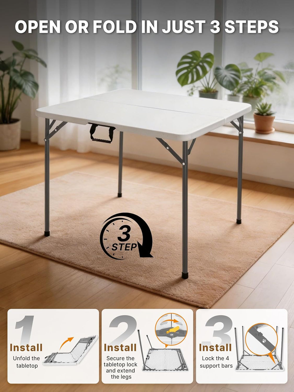 34" Square Folding Card Table, Fold-in-Half White Portable Table