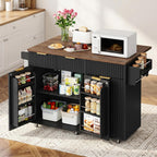 CHOEZON Mobile Kitchen Island with Folding Drop Leaf Countertop, Rolling Kitchen Island Cart with Trash Can Storage, Drawers, Adjustable Shelf, Spice Rack, Towel Bar, for Kitchen, Black and Walnut
