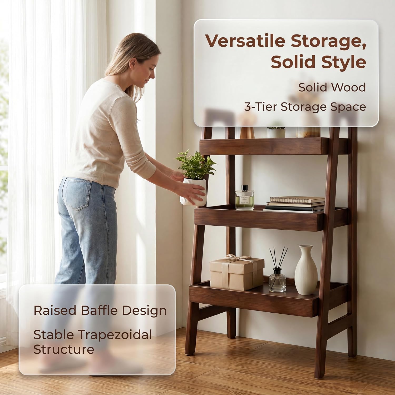 3-Tier Ladder Shelf, Solid Wood Freestanding Bookshelf | Natural Wood Shelf with Open Storage, Raised Edges and Compact Design for Books, Plants, Décor and Small Spaces