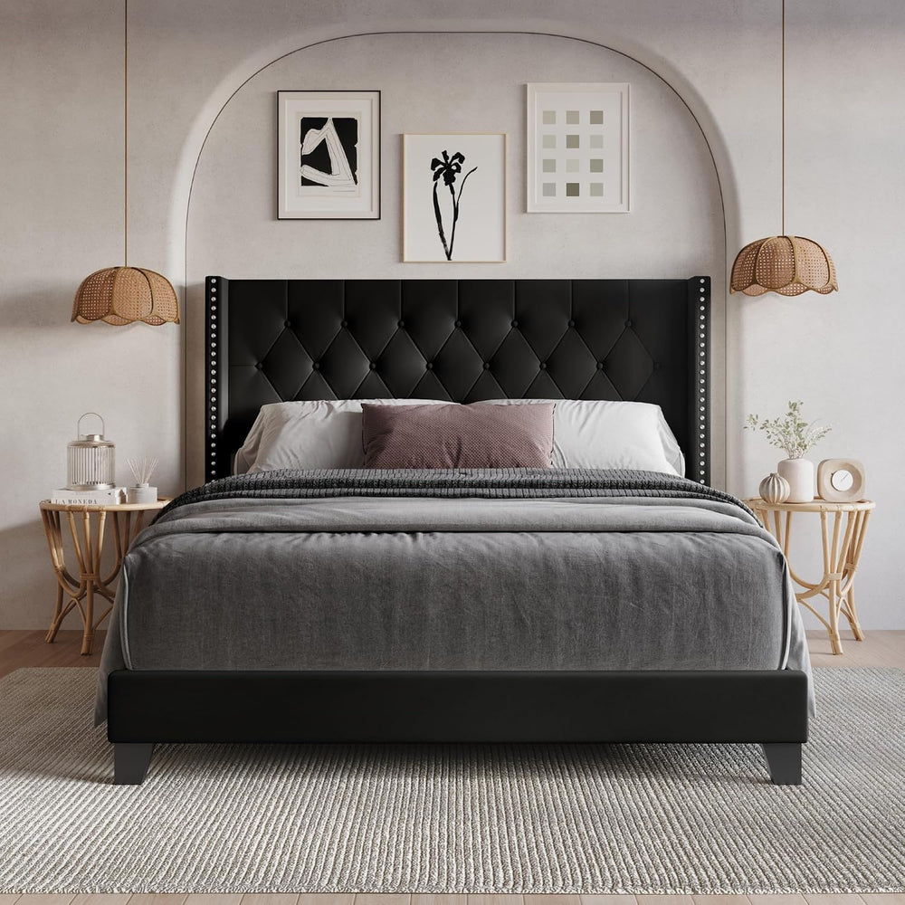 HOME DESIGN Homer Queen Tufted Wingback Upholstered Panel Bed, Black