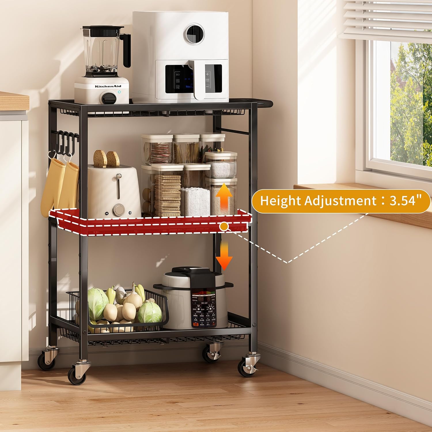 3-Tier Rolling Cart, Space-Saving Kitchen Cart with 150Lbs Capacity, Black Storage Cart with 2 Lockable Wheels for Kitchen Island, Restaurant, Garage, Backyard（No Wooden Boards, Lightweight Version）