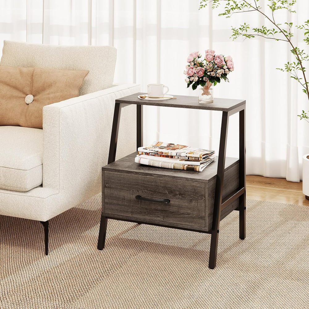 Giantex Farmhouse Nightstand with Drawer and Open Shelf, 2-Tier Bedside Table...