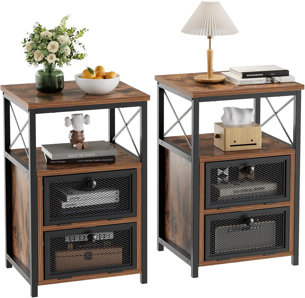 VECELO End Side Table, Modern Night Stand with Storage Space and Door, Set of...