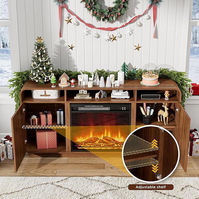 Fireplace TV Stand for TVs Up to 65”, Entertainment Center with 23” Electric Fireplace, Storage Side Cabinets and Adjustable Shelves, Mid Century Modern Media Console Table for Living Room (Walnut)