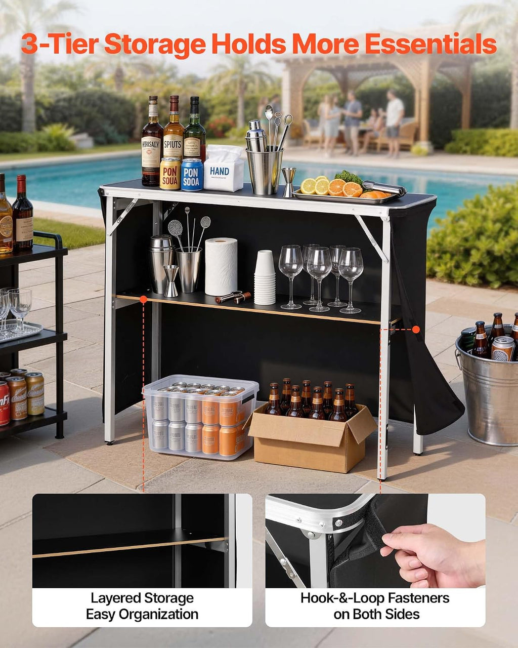 VEVOR Folding Portable Bar Table, 43.3 x 15.4 x 34.6 in, with Carry Bag, Storage Shelf, and Detachable Skirt, Quick and Easy Setup, Foldable Mobile Bartending Station for Events, Party, Tradeshow
