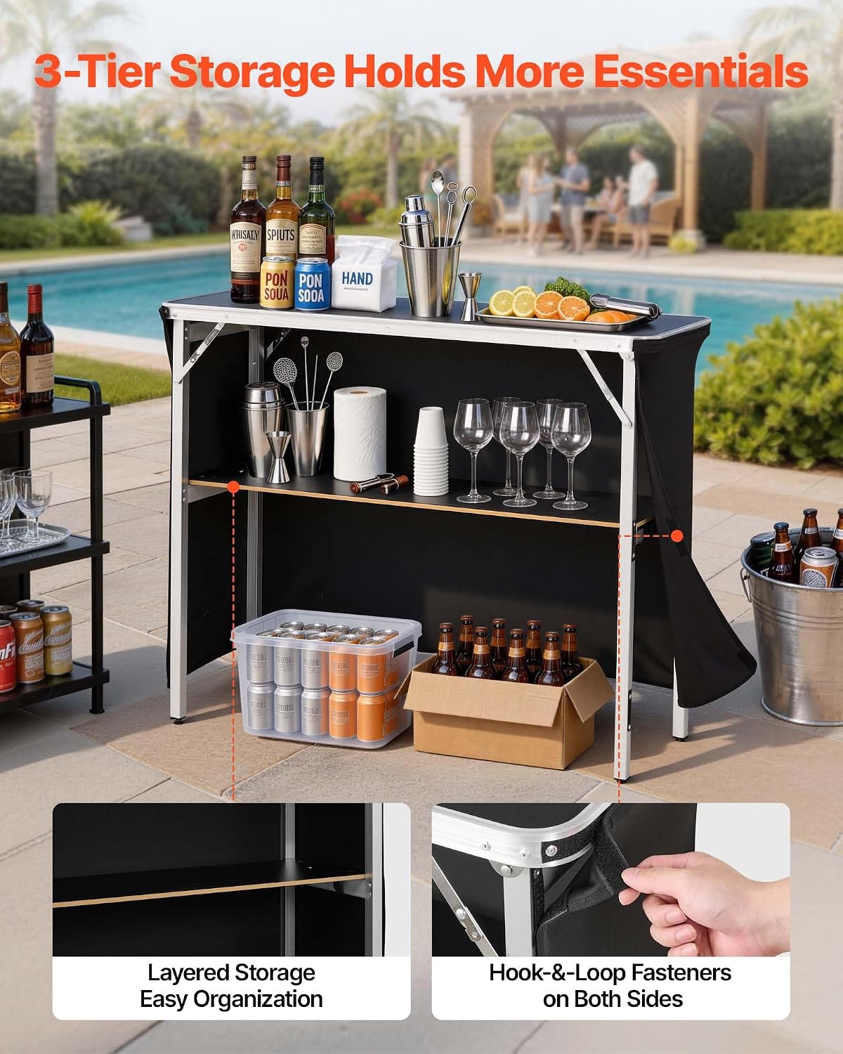 VEVOR Folding Portable Bar Table, 43.3 x 15.4 x 34.6 in, with Carry Bag, Storage Shelf, and Detachable Skirt, Quick and Easy Setup, Foldable Mobile Bartending Station for Events, Party, Tradeshow
