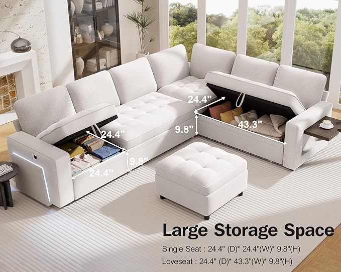 Vipbear 7 Seat L Shaped Modular Sectional Sleeper Sofa Bed with Ottoman/Pull Out Bed/Reclining Backrest/USB Ports/Table/LED Light/Storage Seat, Tool-Free Assembly, Chenille Beige