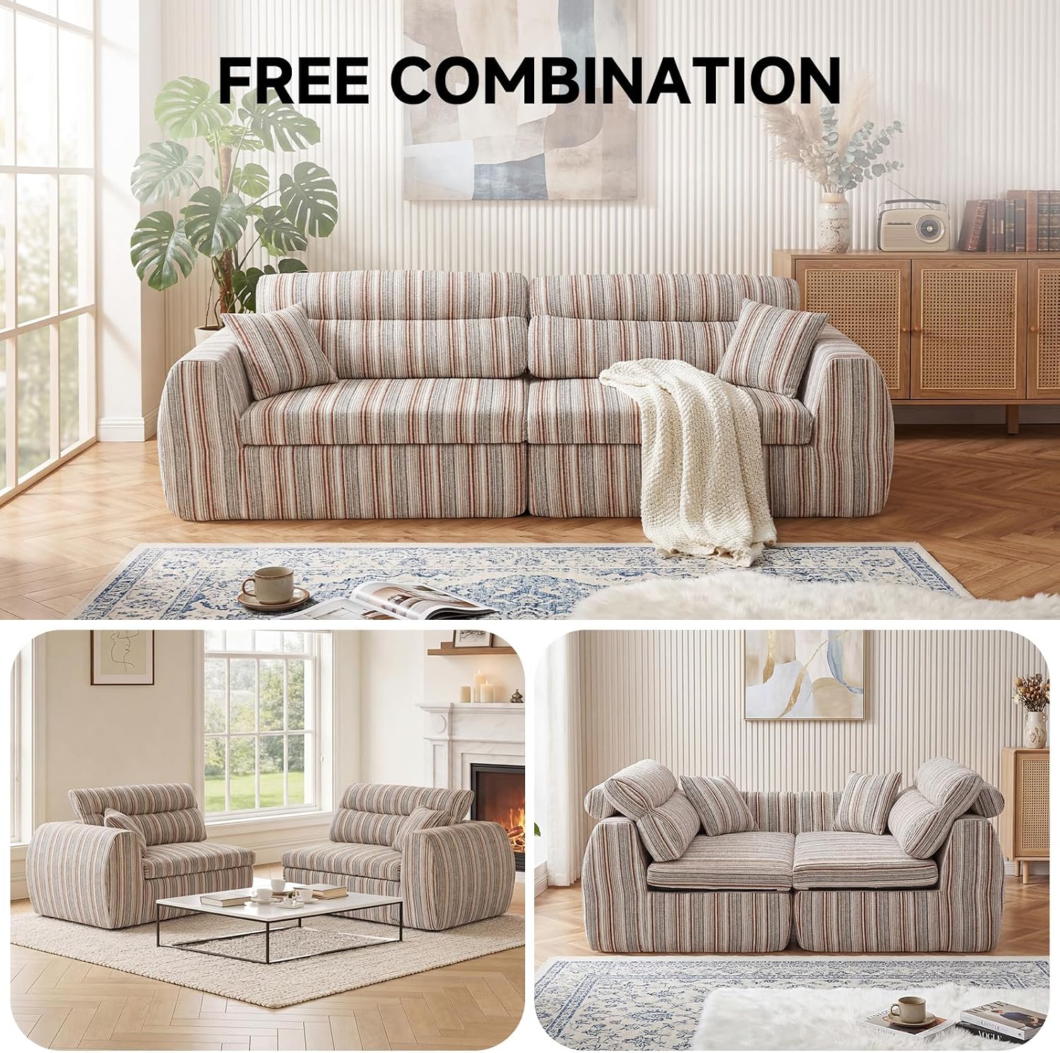 111" Chenille Woven Convertible Sofa Bed Boneless Couch High Backrest | No Assembly Couch in a Box, Modular Sectional Sleeper Sofa for Living Room,Bedroom,Office,King Size Compressed Sofa